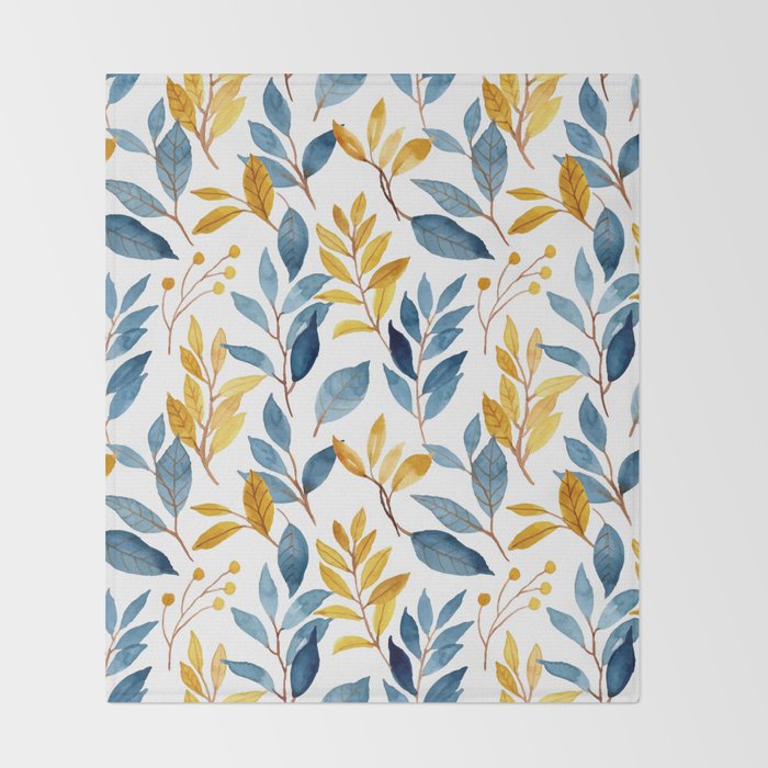 Watercolor Leaves, Yellow and Blue, Floral Prints Throw Blanket Gallery Image 2