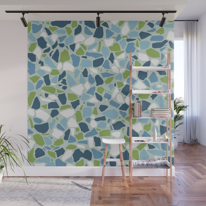 Terrazzo Mosaic Pattern, Teal Blue, Green, White Wall Mural Gallery Image 1
