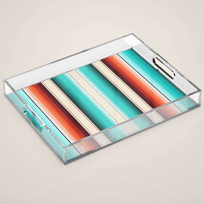 Navajo White, Turquoise and Burnt Orange Southwest Serape Blanket Stripes Acrylic Tray Gallery Image 1