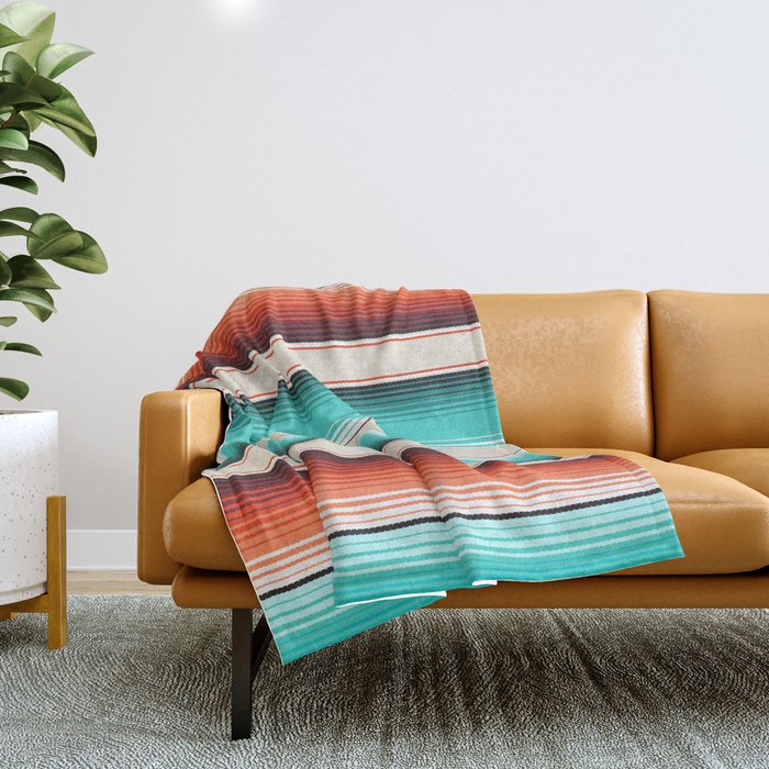 Navajo White, Turquoise and Burnt Orange Southwest Serape Blanket Stripes Throw Blanket Gallery Image 1