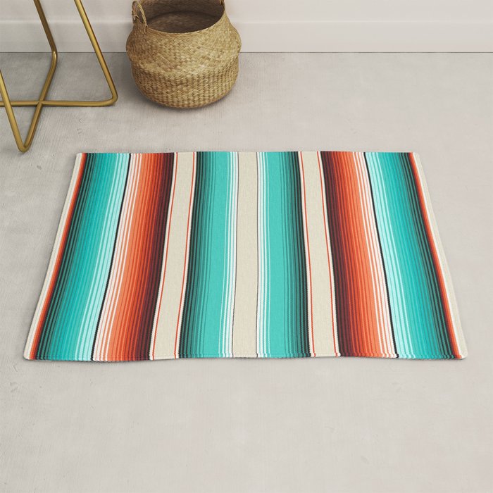 Navajo White, Turquoise and Burnt Orange Southwest Serape Blanket Stripes Rug Gallery Image 1