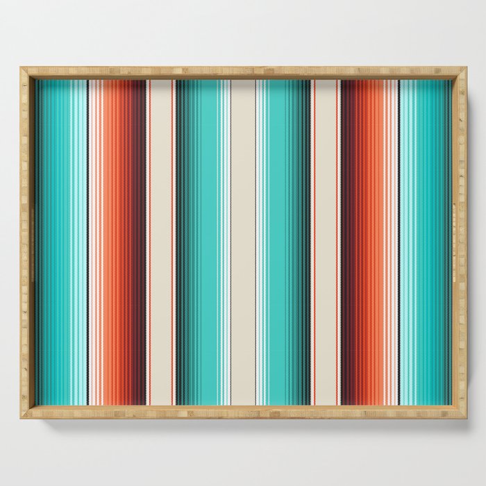 Navajo White, Turquoise and Burnt Orange Southwest Serape Blanket Stripes Serving Tray Gallery Image 1