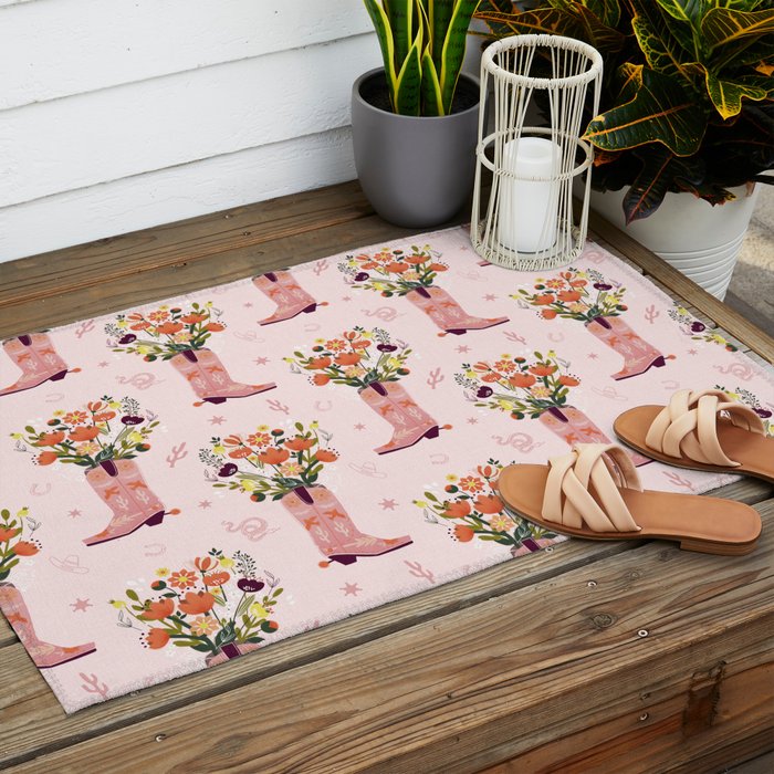 Western Floral Cowboy Boots Pattern Outdoor Rug Gallery Image 2