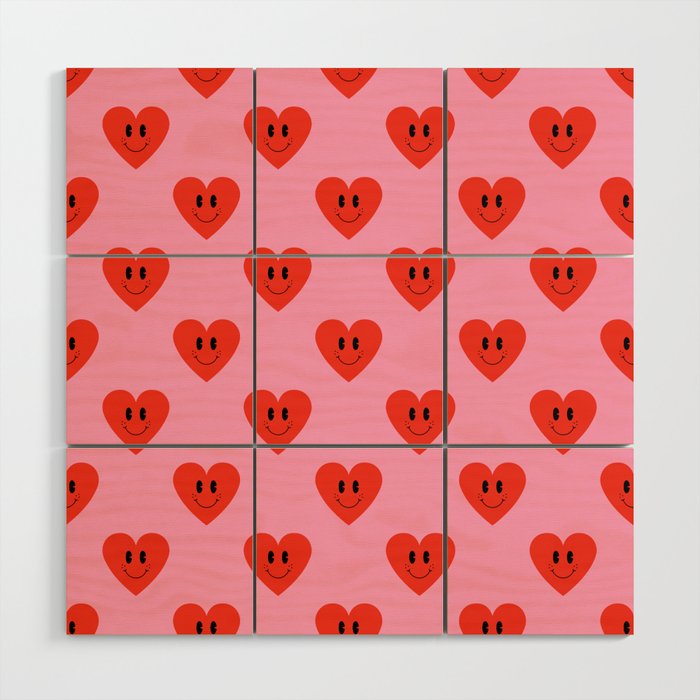 Funny retro love heart cartoon pattern Wood Wall Art Gallery Image 1