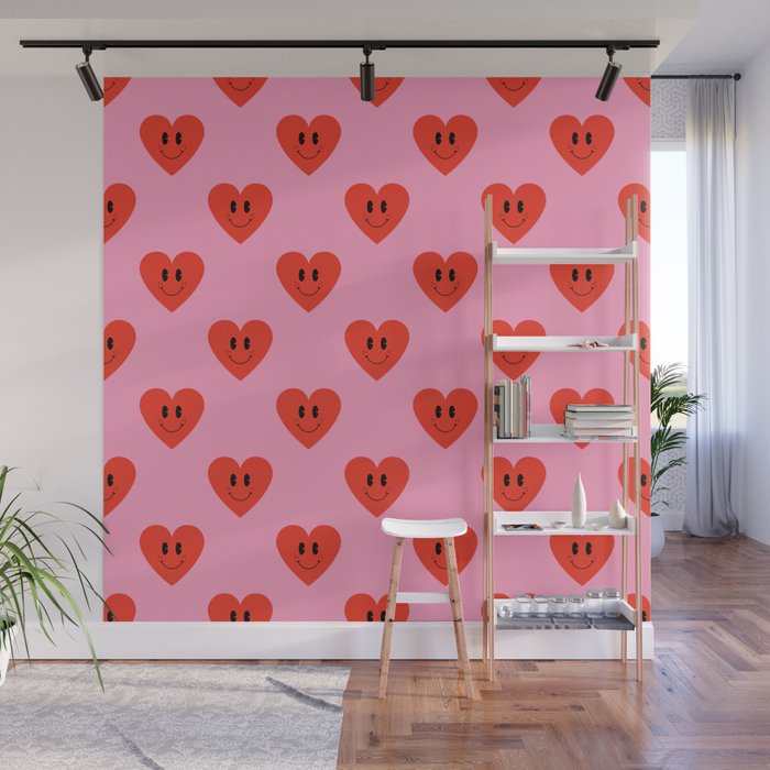 Funny retro love heart cartoon pattern Wall Mural Gallery Image 1