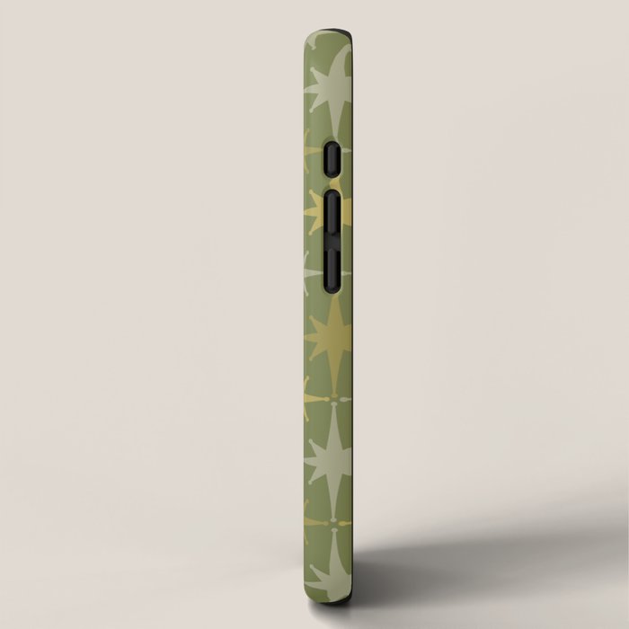 Midcentury Modern Atomic Starburst Pattern in Retro Olive Green and Vintage Celadon Tones iPhone Case Gallery Image 2