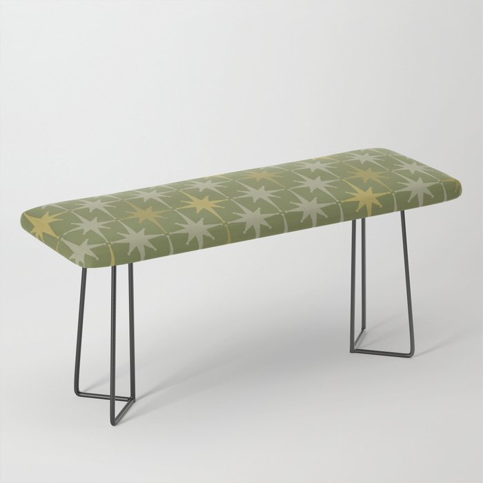 Midcentury Modern Atomic Starburst Pattern in Retro Olive Green and Vintage Celadon Tones Bench Gallery Image 1