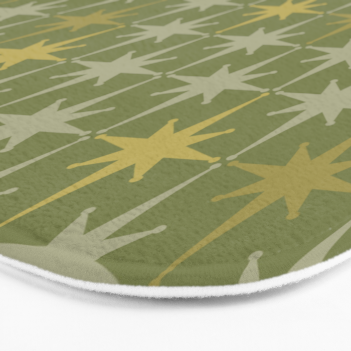 Midcentury Modern Atomic Starburst Pattern in Retro Olive Green and Vintage Celadon Tones Bath Mat Gallery Image 3