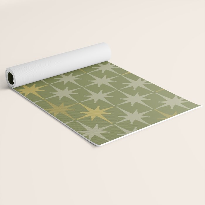 Midcentury Modern Atomic Starburst Pattern in Retro Olive Green and Vintage Celadon Tones Yoga Mat Gallery Image 2