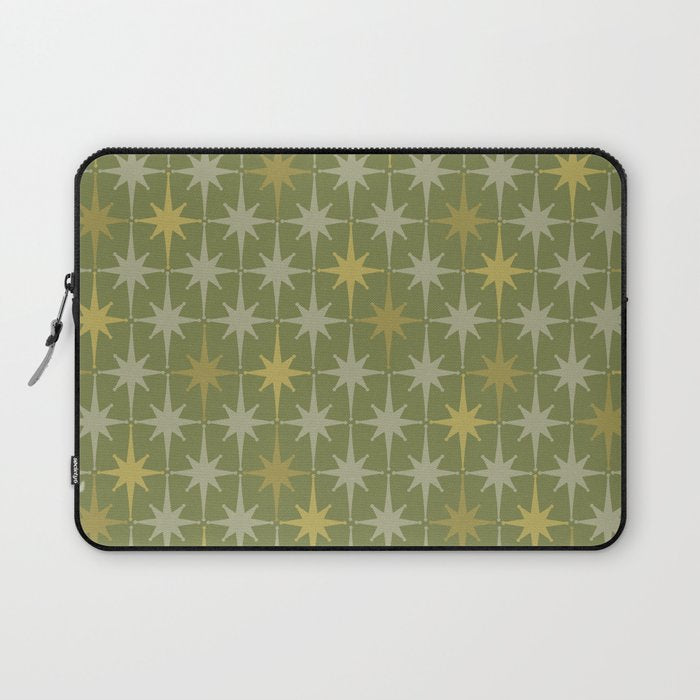Midcentury Modern Atomic Starburst Pattern in Retro Olive Green and Vintage Celadon Tones Laptop Sleeve Gallery Image 1