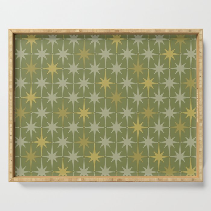 Midcentury Modern Atomic Starburst Pattern in Retro Olive Green and Vintage Celadon Tones Serving Tray Gallery Image 1