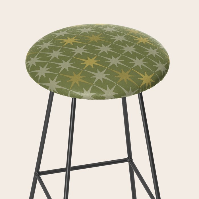 Midcentury Modern Atomic Starburst Pattern in Retro Olive Green and Vintage Celadon Tones Stool Gallery Image 2