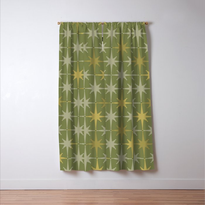 Midcentury Modern Atomic Starburst Pattern in Retro Olive Green and Vintage Celadon Tones Window Curtain Gallery Image 3