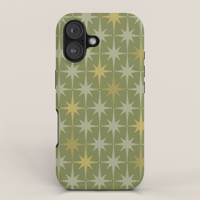 Midcentury Modern Atomic Starburst Pattern in Retro Olive Green and Vintage Celadon Tones iPhone Case Gallery Image 1