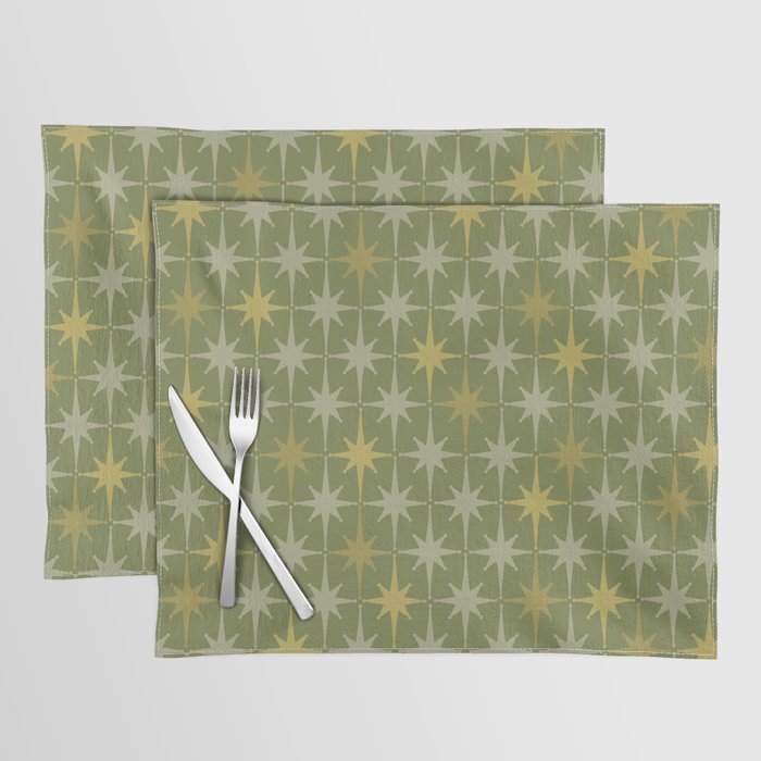 Midcentury Modern Atomic Starburst Pattern in Retro Olive Green and Vintage Celadon Tones Placemat Gallery Image 1