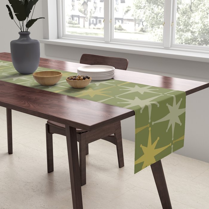 Midcentury Modern Atomic Starburst Pattern in Retro Olive Green and Vintage Celadon Tones Table Runner Gallery Image 2