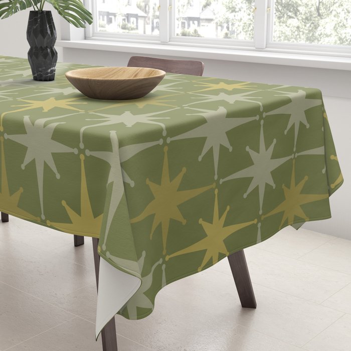Midcentury Modern Atomic Starburst Pattern in Retro Olive Green and Vintage Celadon Tones Tablecloth Gallery Image 3