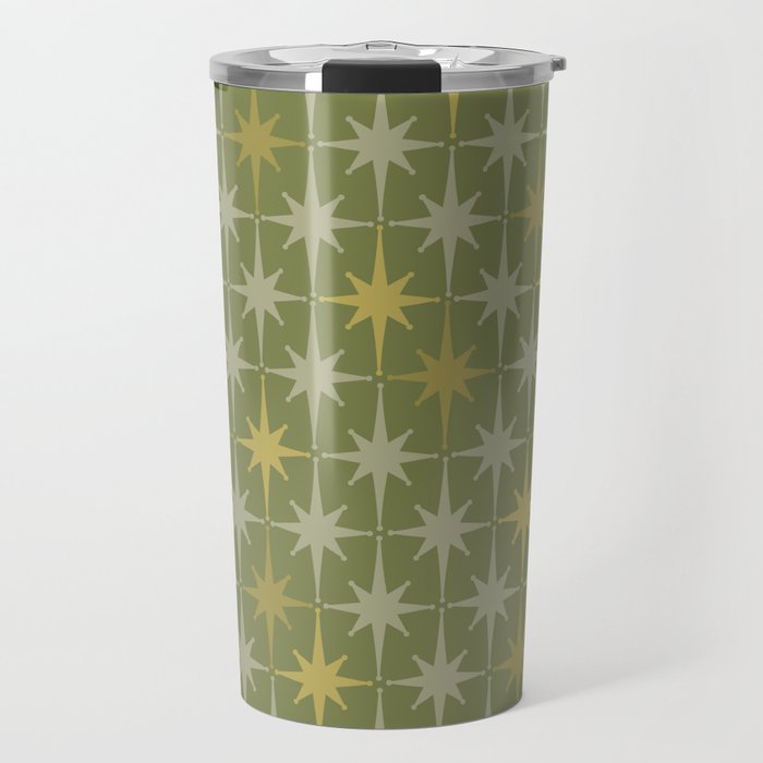 Midcentury Modern Atomic Starburst Pattern in Retro Olive Green and Vintage Celadon Tones Travel Mug Gallery Image 1