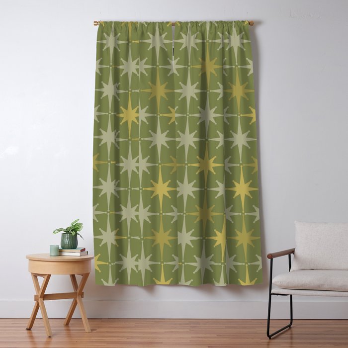Midcentury Modern Atomic Starburst Pattern in Retro Olive Green and Vintage Celadon Tones Window Curtain Gallery Image 5