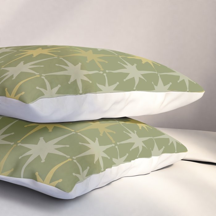 Midcentury Modern Atomic Starburst Pattern in Retro Olive Green and Vintage Celadon Tones Pillow Sham Gallery Image 3