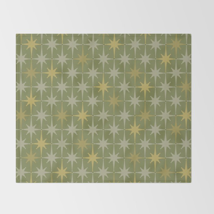 Midcentury Modern Atomic Starburst Pattern in Retro Olive Green and Vintage Celadon Tones Throw Blanket Gallery Image 2