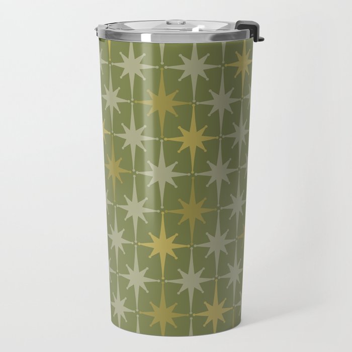 Midcentury Modern Atomic Starburst Pattern in Retro Olive Green and Vintage Celadon Tones Travel Mug Gallery Image 2