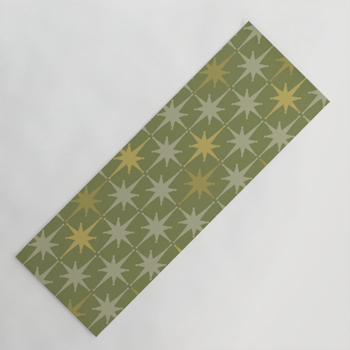 Midcentury Modern Atomic Starburst Pattern in Retro Olive Green and Vintage Celadon Tones Yoga Mat Gallery Image 1