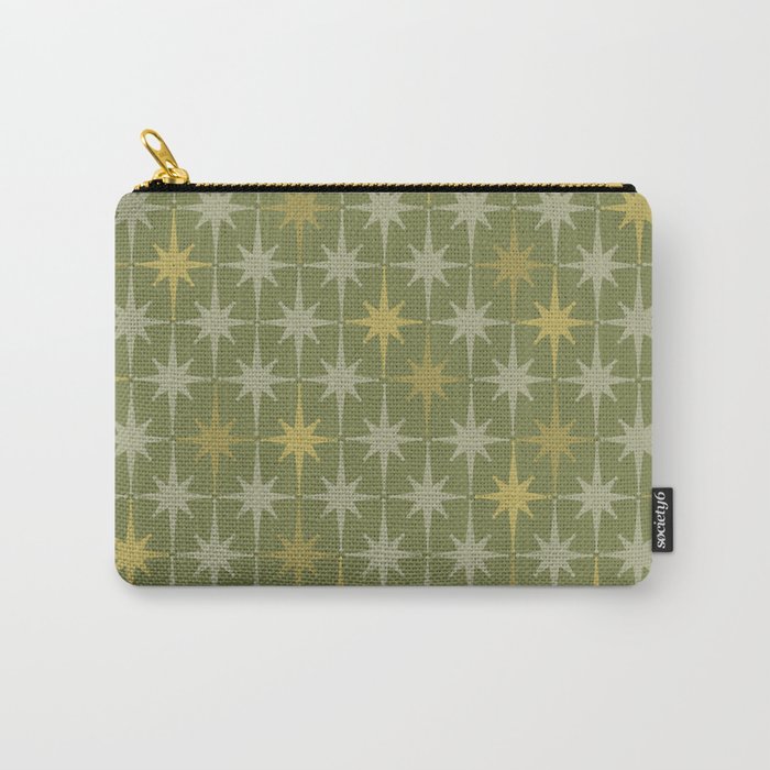 Midcentury Modern Atomic Starburst Pattern in Retro Olive Green and Vintage Celadon Tones Carry All Pouch Gallery Image 1