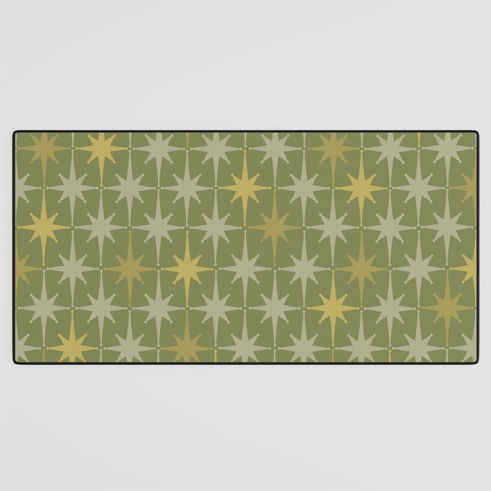 Midcentury Modern Atomic Starburst Pattern in Retro Olive Green and Vintage Celadon Tones Desk Mat Gallery Image 3