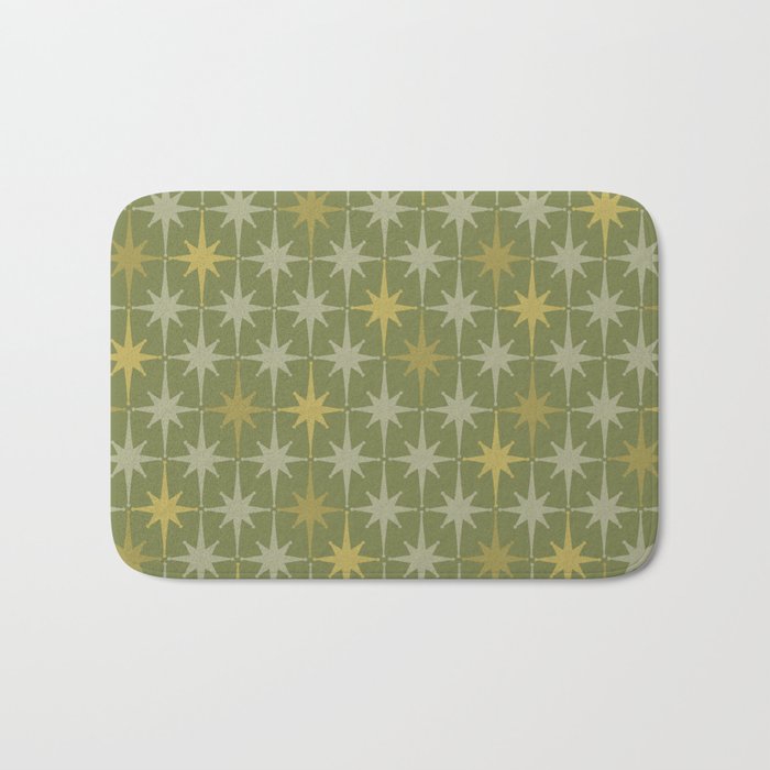 Midcentury Modern Atomic Starburst Pattern in Retro Olive Green and Vintage Celadon Tones Bath Mat Gallery Image 1