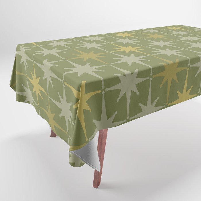 Midcentury Modern Atomic Starburst Pattern in Retro Olive Green and Vintage Celadon Tones Tablecloth Gallery Image 1