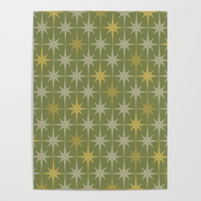 Midcentury Modern Atomic Starburst Pattern in Retro Olive Green and Vintage Celadon Tones Poster Gallery Image 4