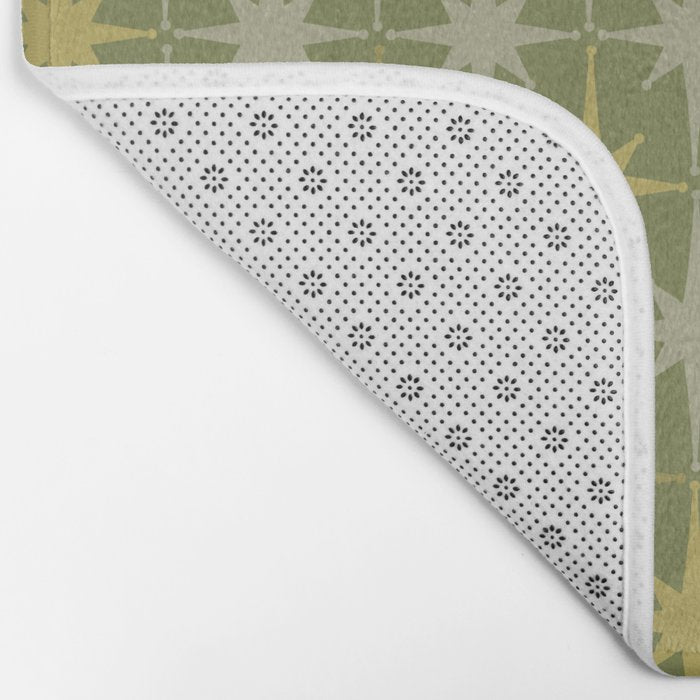 Midcentury Modern Atomic Starburst Pattern in Retro Olive Green and Vintage Celadon Tones Bath Mat Gallery Image 2