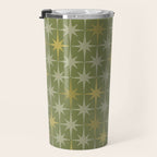 Midcentury Modern Atomic Starburst Pattern in Retro Olive Green and Vintage Celadon Tones Travel Mug Gallery Image 3