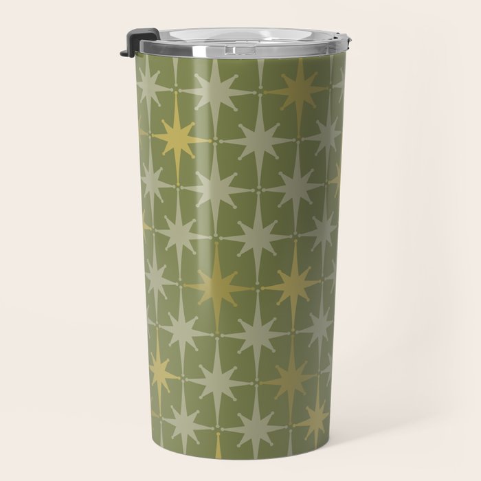 Midcentury Modern Atomic Starburst Pattern in Retro Olive Green and Vintage Celadon Tones Travel Mug Gallery Image 3