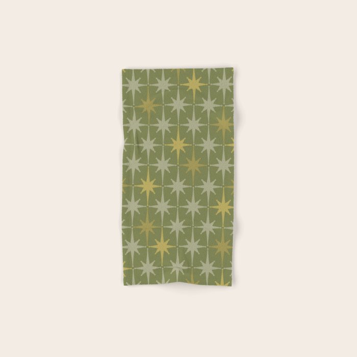 Midcentury Modern Atomic Starburst Pattern in Retro Olive Green and Vintage Celadon Tones Bath Towel Gallery Image 1