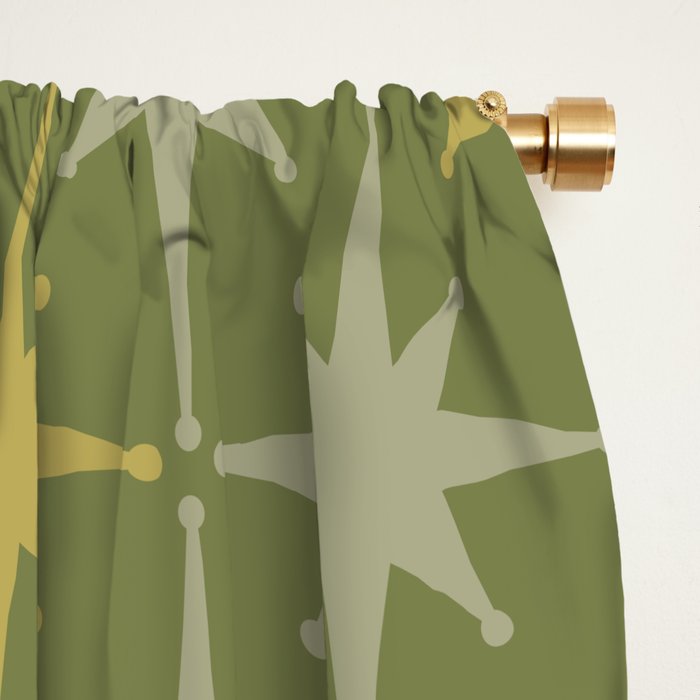 Midcentury Modern Atomic Starburst Pattern in Retro Olive Green and Vintage Celadon Tones Window Curtain Gallery Image 2