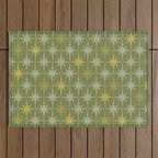 Midcentury Modern Atomic Starburst Pattern in Retro Olive Green and Vintage Celadon Tones Outdoor Rug Gallery Image 1
