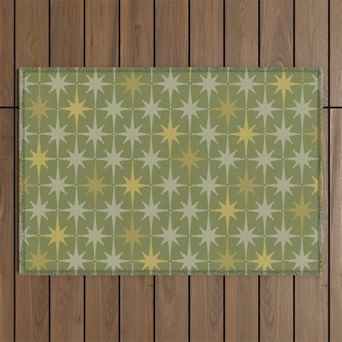 Midcentury Modern Atomic Starburst Pattern in Retro Olive Green and Vintage Celadon Tones Outdoor Rug Gallery Image 1