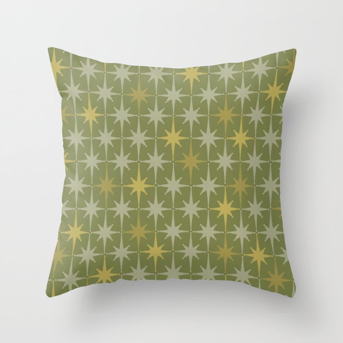 Midcentury Modern Atomic Starburst Pattern in Retro Olive Green and Vintage Celadon Tones Throw Pillow Gallery Image 6