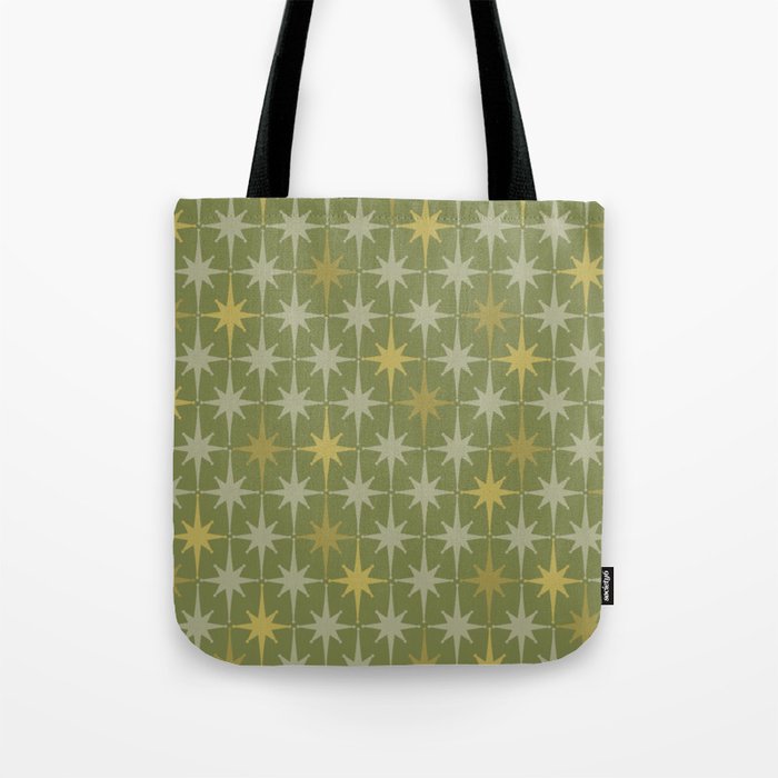 Midcentury Modern Atomic Starburst Pattern in Retro Olive Green and Vintage Celadon Tones Tote Bag Gallery Image 1