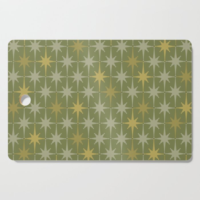 Midcentury Modern Atomic Starburst Pattern in Retro Olive Green and Vintage Celadon Tones Cutting Board Gallery Image 1