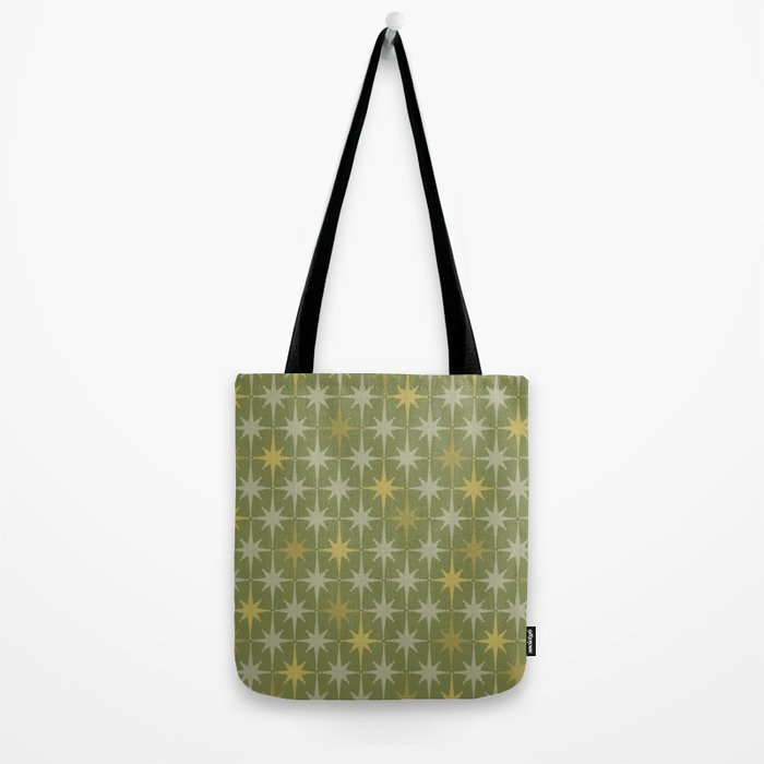 Midcentury Modern Atomic Starburst Pattern in Retro Olive Green and Vintage Celadon Tones Tote Bag Gallery Image 2