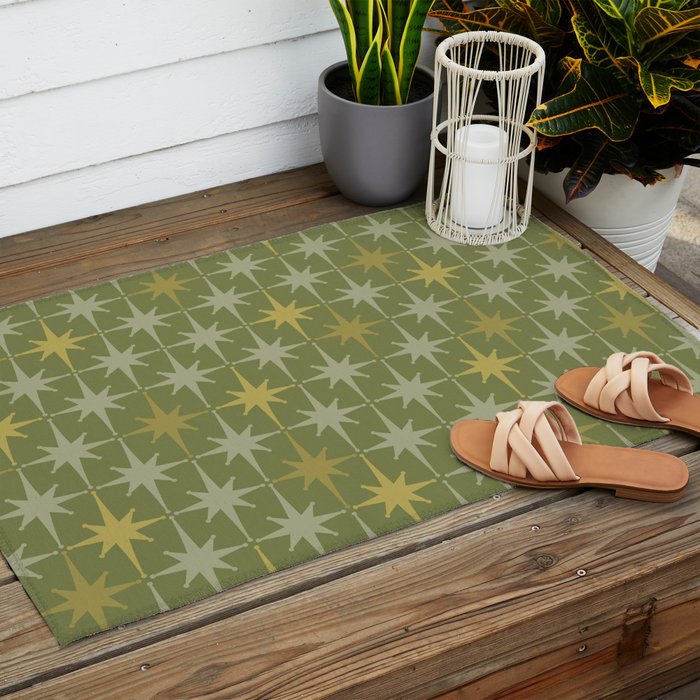 Midcentury Modern Atomic Starburst Pattern in Retro Olive Green and Vintage Celadon Tones Outdoor Rug Gallery Image 2