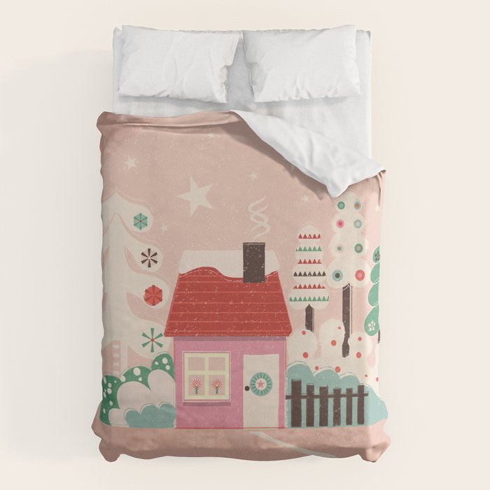 Festive Winter Hut in pink Duvet Cover Gallery Image 1