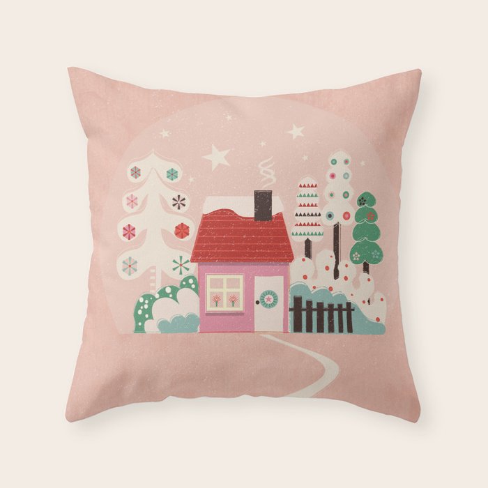 Festive Winter Hut in pink Throw Pillow Gallery Image 6