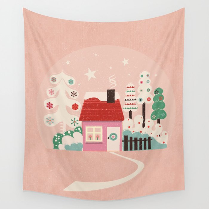 Festive Winter Hut in pink Wall Tapestry Gallery Image 1