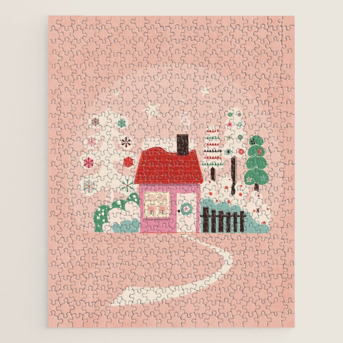 Festive Winter Hut in pink Jigsaw Puzzle Gallery Image 1