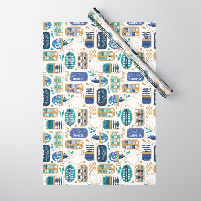 Vintage canned sardines // white background peacock teal and electric blue cans  Wrapping Paper Gallery Image 1