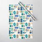 Vintage canned sardines // white background peacock teal and electric blue cans  Wrapping Paper Gallery Image 1